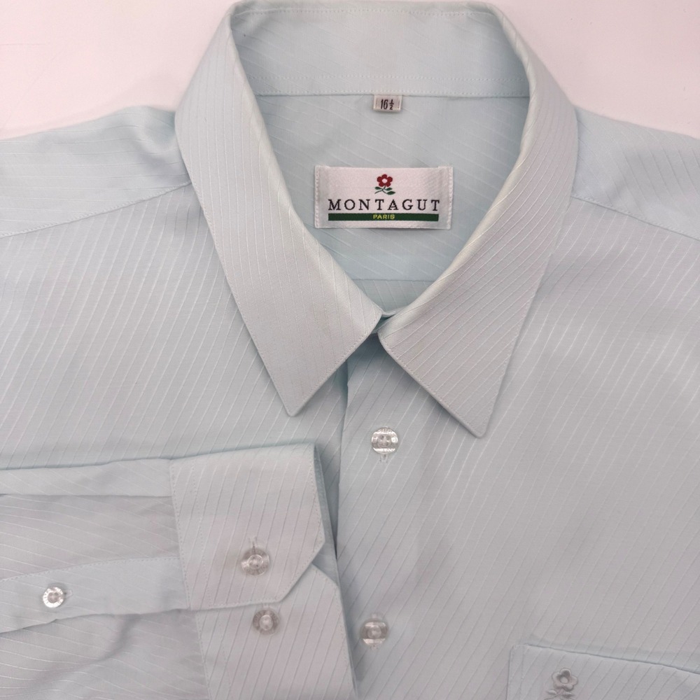 Montagut Dress Shirt Men 16.5 Light Blue Textured Stripe Long Sleeve Paris